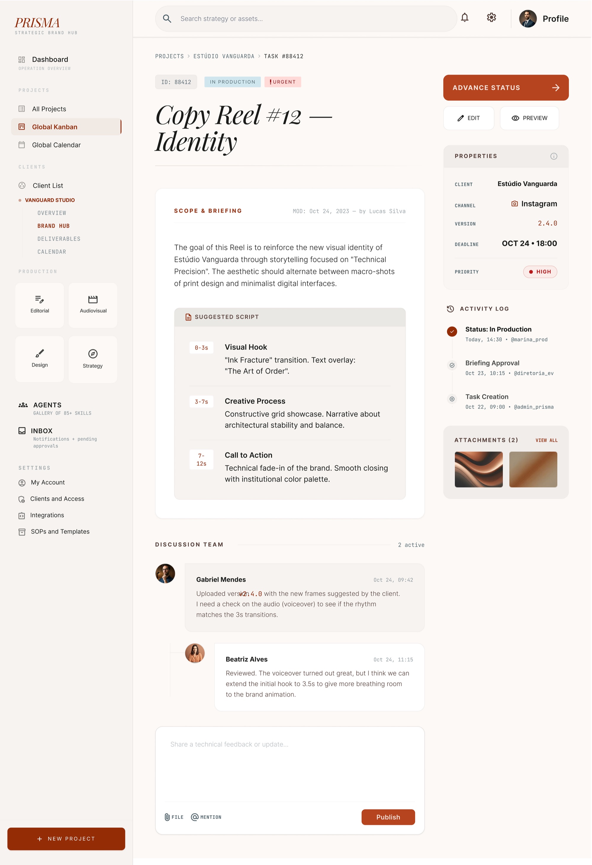 Prisma — detalhe de tarefa · briefing, roteiro e histórico