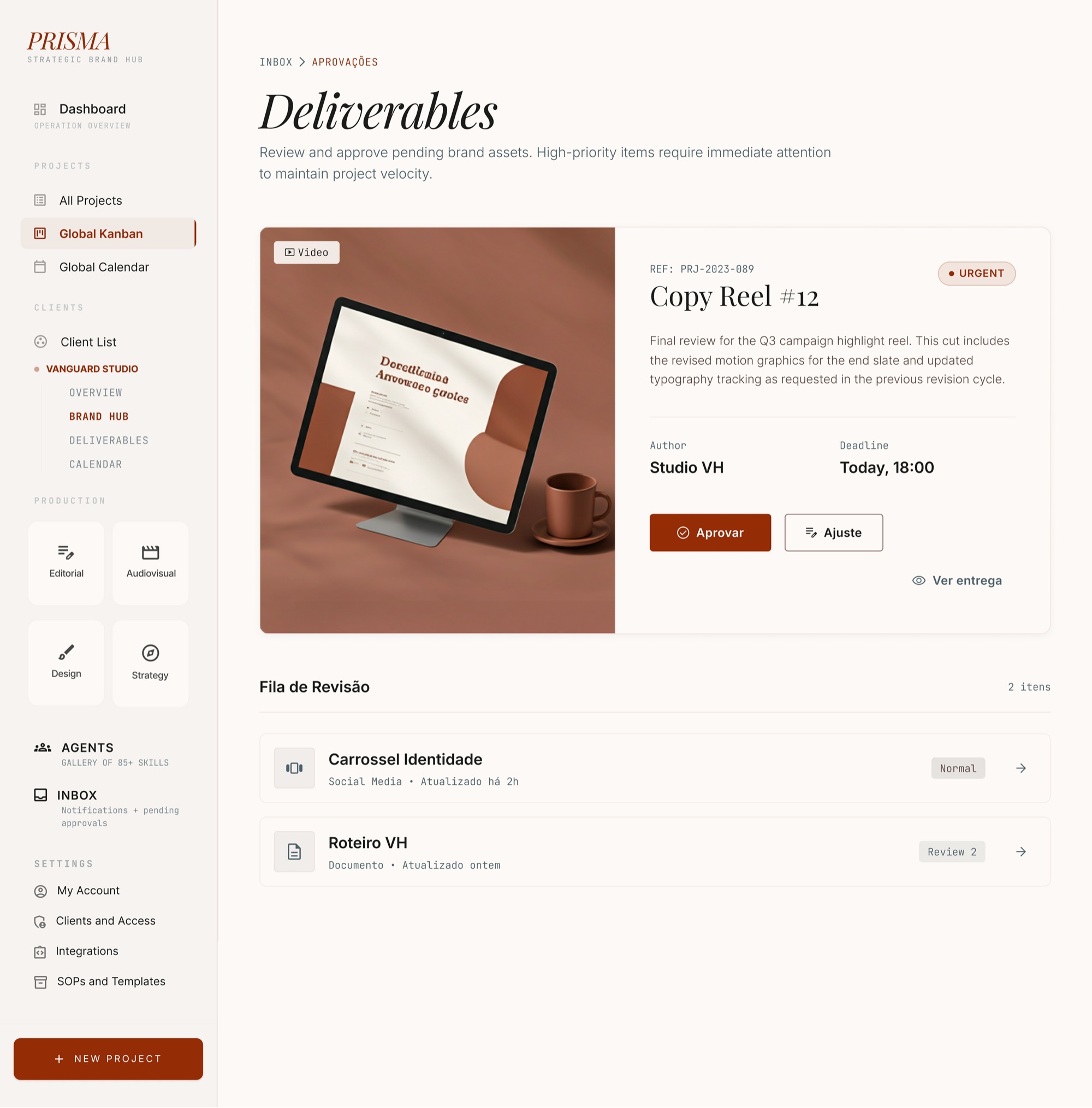 Prisma — entregas · a fila de revisão antes de qualquer coisa sair
